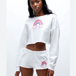 NEW Pacsun White Rainbow Ultra Cropped Raw Hem Fleece Long Sleeve Sweatshirt XS